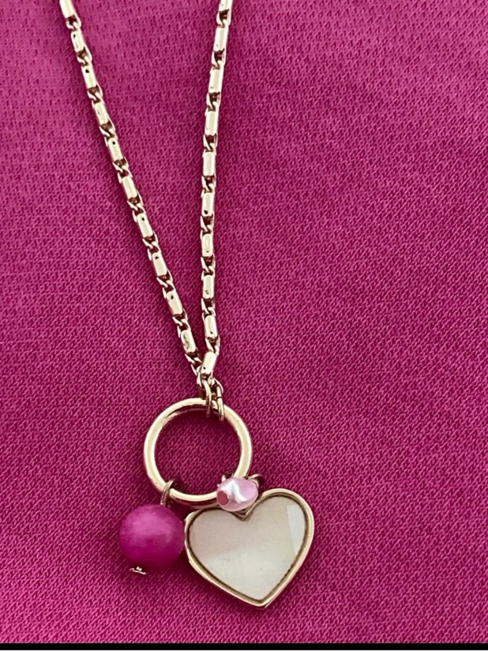 LOFT Gold Tone Heart Charm Necklace Pink Bead Dainty Layering Necklace